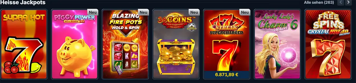 German casino lobby row titled “Heisse Jackpots” showing jackpot slot tiles such as Supra Hot, Piggy Power (Neu), Blazing Fire Pots Hold & Spin (Neu), 36 Coins (Neu), 7 Streak Supercharged with a €6,871.89 jackpot, Lucky Lady’s Charm Deluxe 6, and Free Spins Crystal Hot 40.