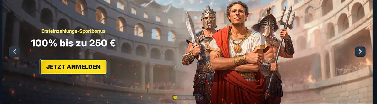 German sports bonus banner in a Roman colosseum scene reading “Ersteinzahlungs-Sportbonus 100% bis zu 250 €,” with a yellow “Jetzt anmelden” button and a central figure in a red toga flanked by two armoured gladiators.